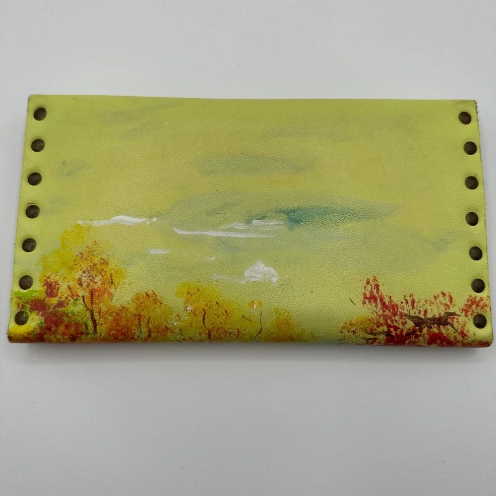 Huong Handmade Leather‎ Trifold Wallet Artisan Painted Nature Landscape Forest